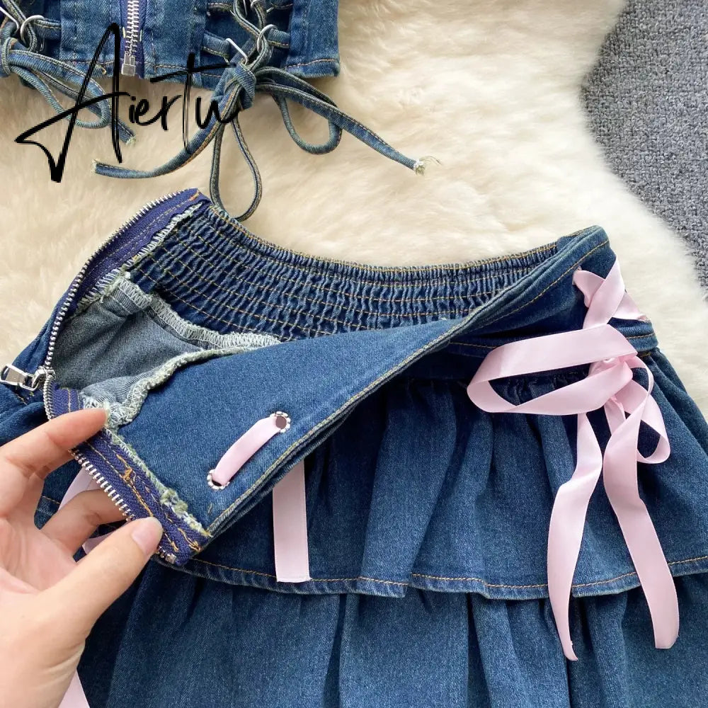 Aiertu  Hotsweet Denim Two Pieces Sets Zipper Strapless Y2K Top+Elastic Mini Culottes Lace Up Cross Bandage Streetwear Suits Aiertu