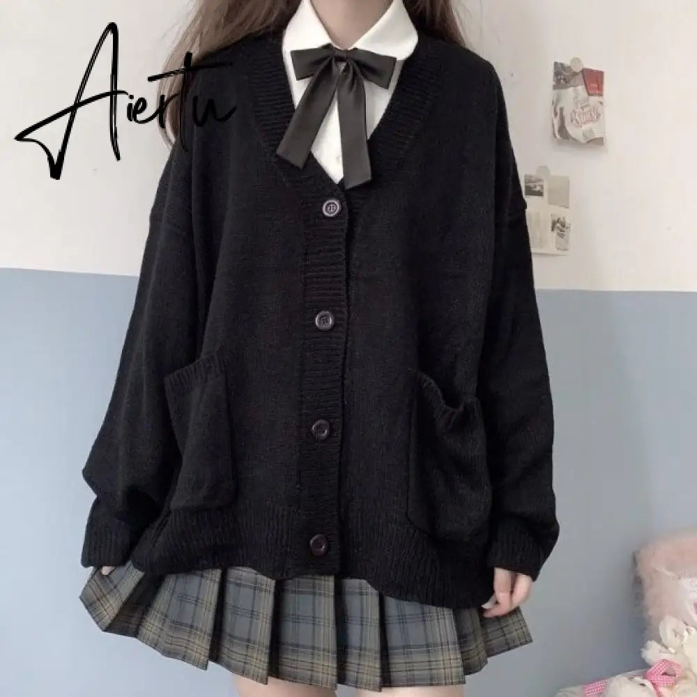 Aiertu Japanese style sweater spring autumn V-neck cotton knitted sweater JK uniform cardigan multicolor Cosplay women's wear Aiertu