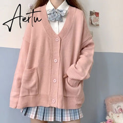 Aiertu Japanese style sweater spring autumn V-neck cotton knitted sweater JK uniform cardigan multicolor Cosplay women's wear Aiertu