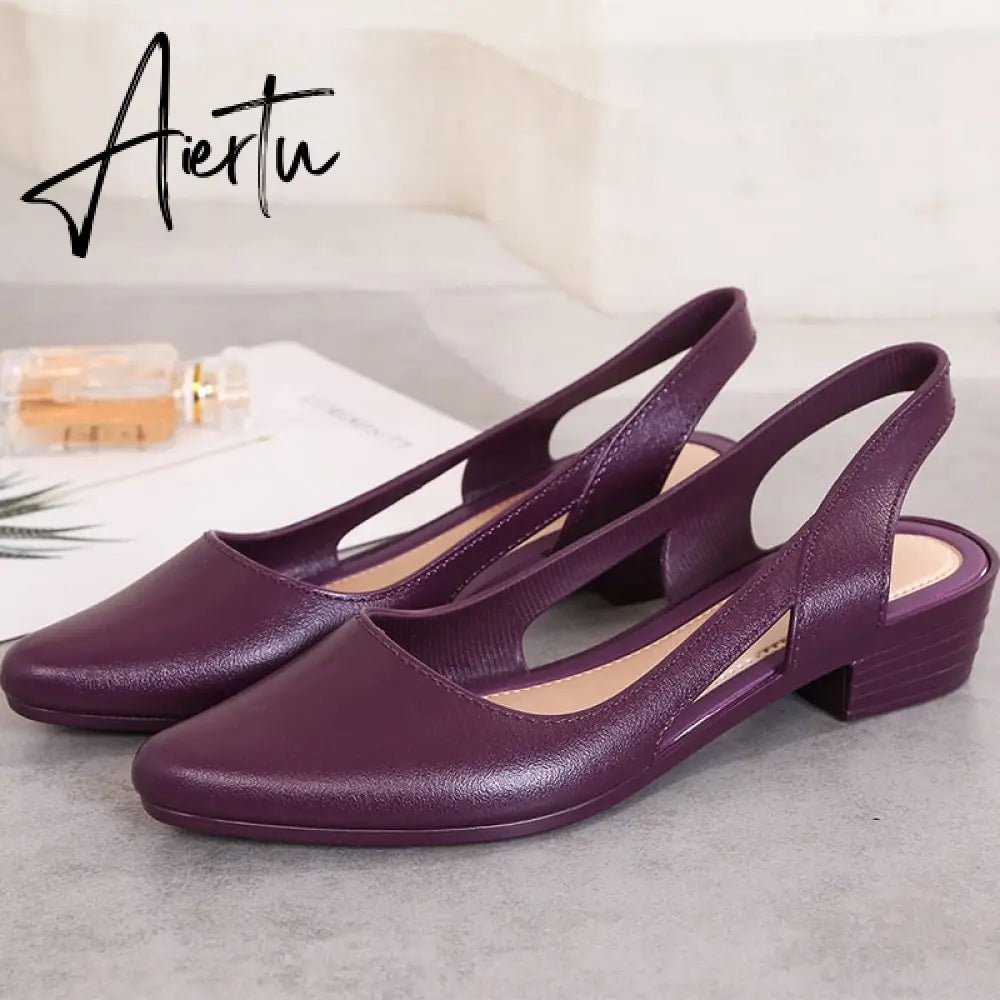 Aiertu Jelly Sandals Women Pointed Toe Chunky Med High Heels Flip Flops Slingback Casual Candy Skidproof Beach Shoes For Women Aiertu