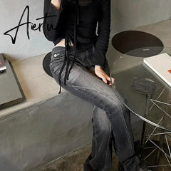 Aiertu Karrram Vintage Distressed Low Waist Jeans Grunge Asymmetrical Waist Denim Pant Korean Fashion Black Flare Jeans Kpop Streetwear Aiertu
