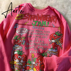 Aiertu Kawaii Rose Red Cartoon Letter Print Sweatshirt Vintage Streetwear Fashion Tops New O-neck Casual Teens Clothes Goth Punk Aiertu