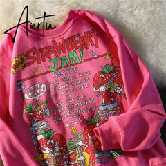 Aiertu Kawaii Rose Red Cartoon Letter Print Sweatshirt Vintage Streetwear Fashion Tops New O-neck Casual Teens Clothes Goth Punk Aiertu
