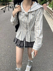 Aiertu Kawaii Vintage Striped T Shirts Women Korean Fashion Streetwear Preppy Style Rose Decoration Navy Collar Tees Tops 2024 Aiertu