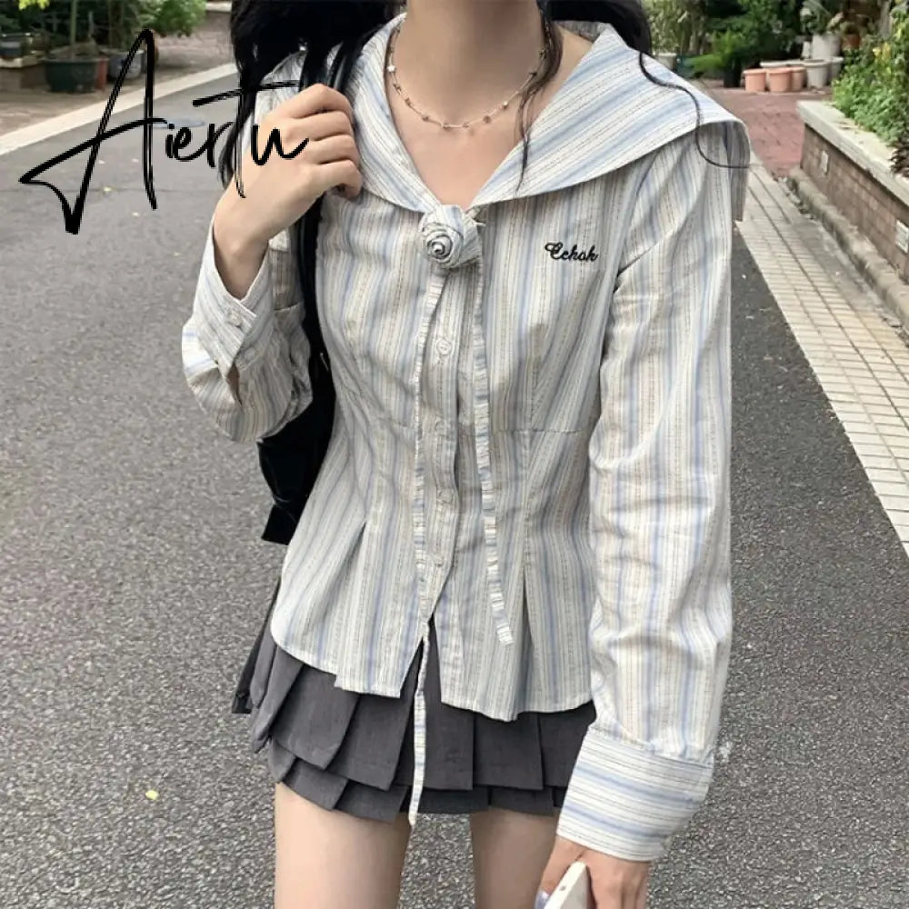 Aiertu Kawaii Vintage Striped T Shirts Women Korean Fashion Streetwear Preppy Style Rose Decoration Navy Collar Tees Tops 2024 Aiertu