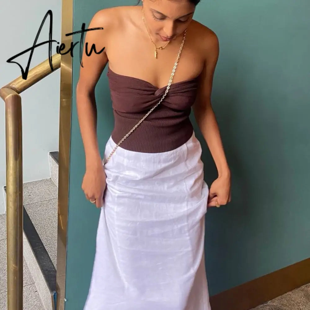 Aiertu Knit Tube Tops Women White Strapless Corset Tops Summer Basic Backless Off Shoulder Crop Top Bustier Casual Streetwear Aiertu