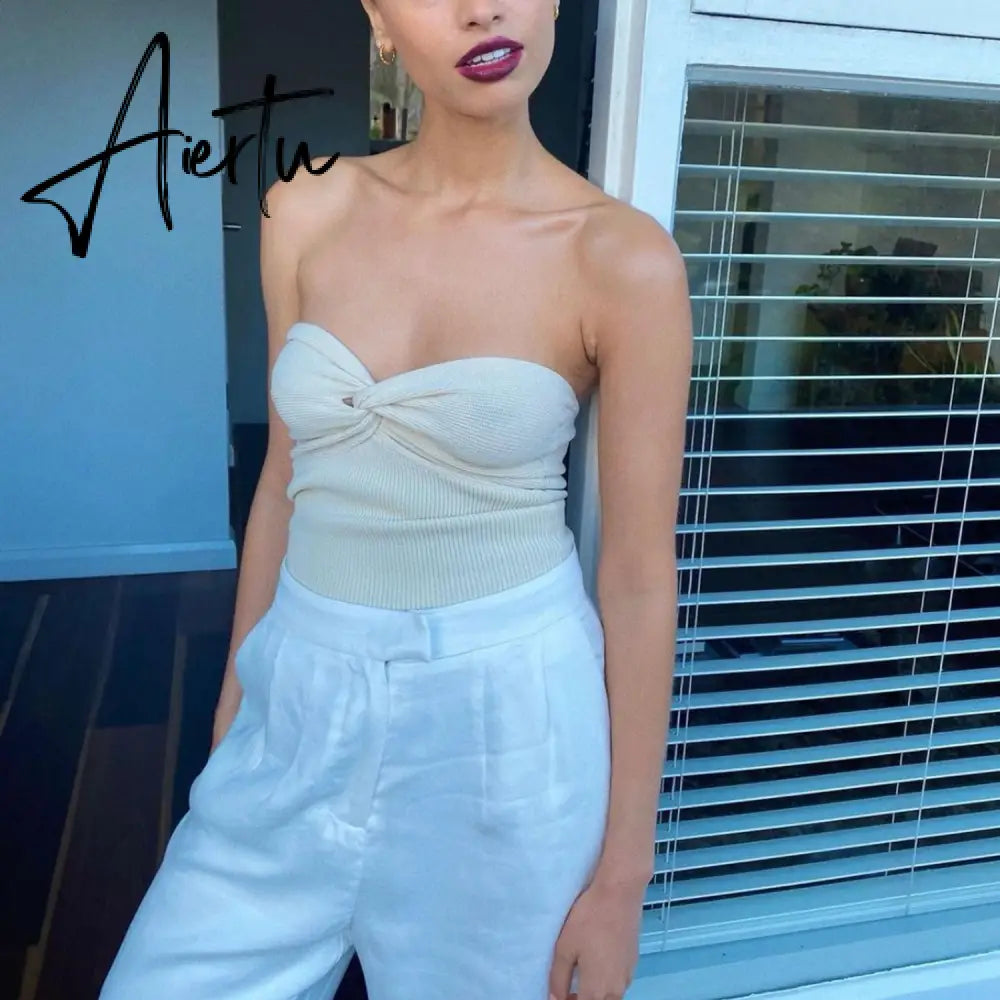 Aiertu Knit Tube Tops Women White Strapless Corset Tops Summer Basic Backless Off Shoulder Crop Top Bustier Casual Streetwear Aiertu