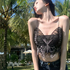 Aiertu Korean Black Y2k Crop Top Lace Butterfly Embroidery Camis Gothic Style Fairy Grunge Tank Tops  New Fashion Summer Streetwear Aiertu