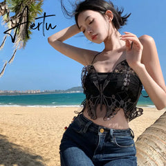 Aiertu Korean Black Y2k Crop Top Lace Butterfly Embroidery Camis Gothic Style Fairy Grunge Tank Tops  New Fashion Summer Streetwear Aiertu