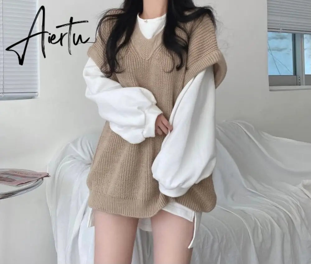 Aiertu  Korean Fashion Casual Two Piece Set Women Elegant Loose Sweatshirt Tops + Knitted Vest Vintage Ensemble Femme 2 Piece Outfits Aiertu
