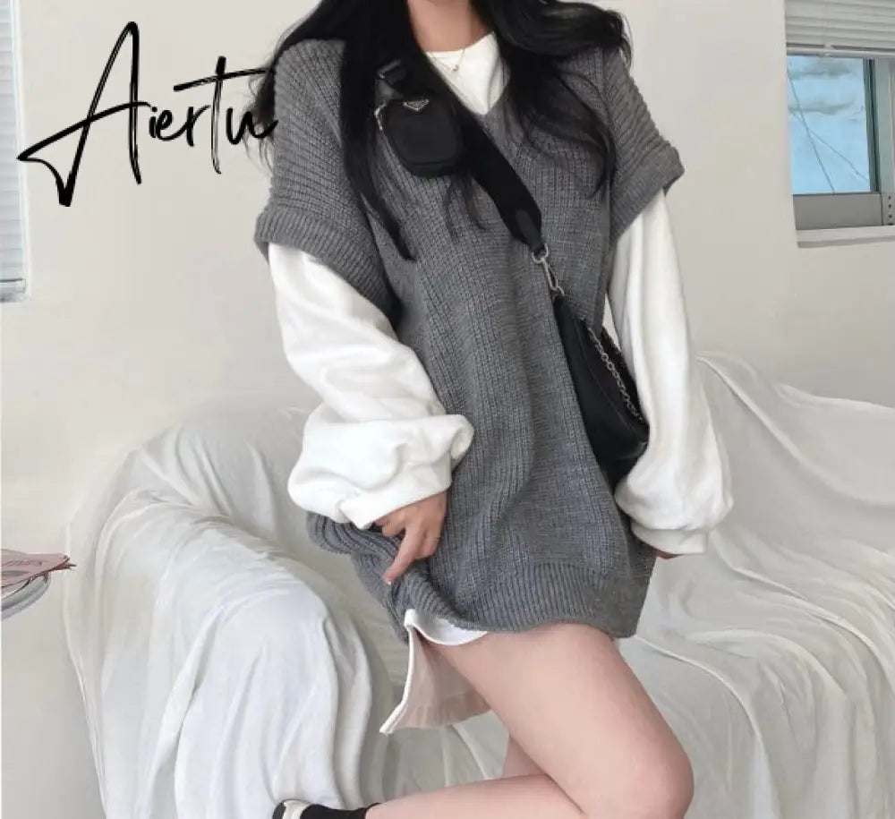 Aiertu  Korean Fashion Casual Two Piece Set Women Elegant Loose Sweatshirt Tops + Knitted Vest Vintage Ensemble Femme 2 Piece Outfits Aiertu