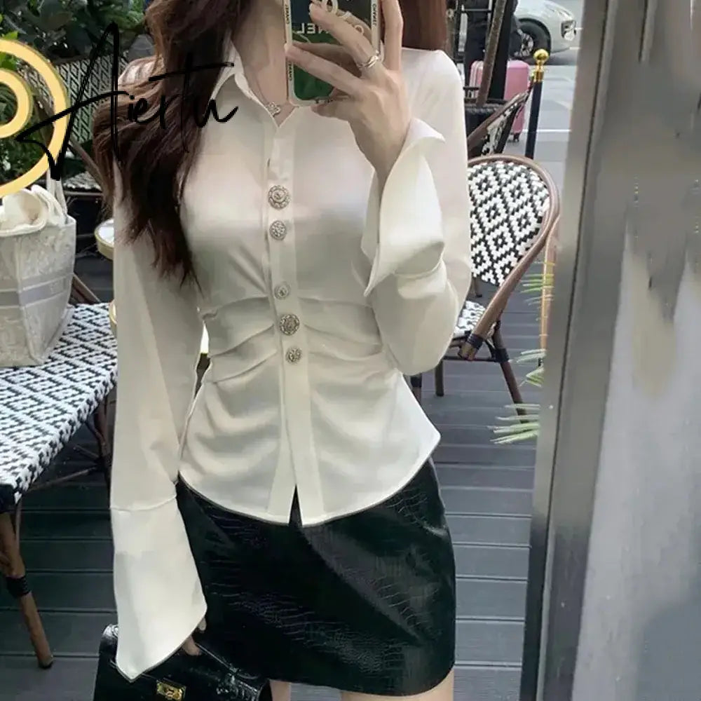 Aiertu Korean Style Elegant Satin Shirts Office Lady 2024 Spring Design Fashion Blouse Women Long Sleeve Button Y2k Tops Female Outwear Aiertu