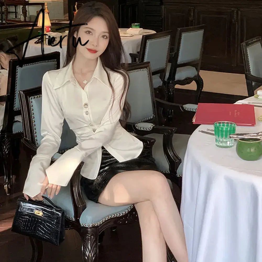Aiertu Korean Style Elegant Satin Shirts Office Lady 2024 Spring Design Fashion Blouse Women Long Sleeve Button Y2k Tops Female Outwear Aiertu
