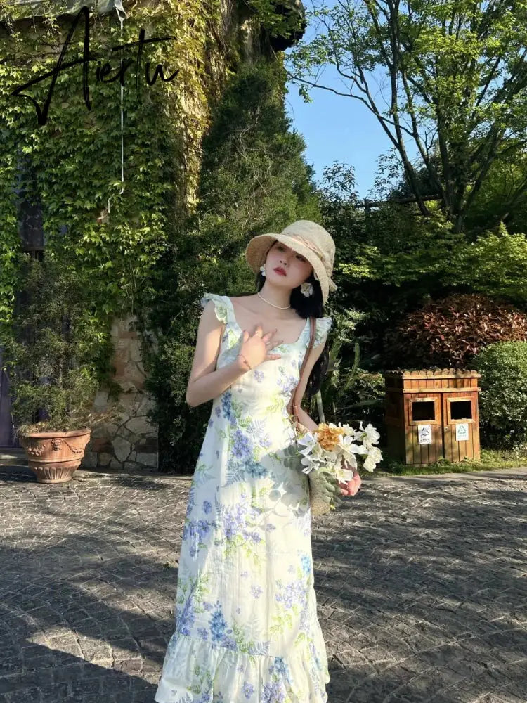 Aiertu  Korean Style Floral Long Resort Dress Women Y2k Fairycore Ruffles Cottagecore Dresses Elegant Summer Holiday Aiertu