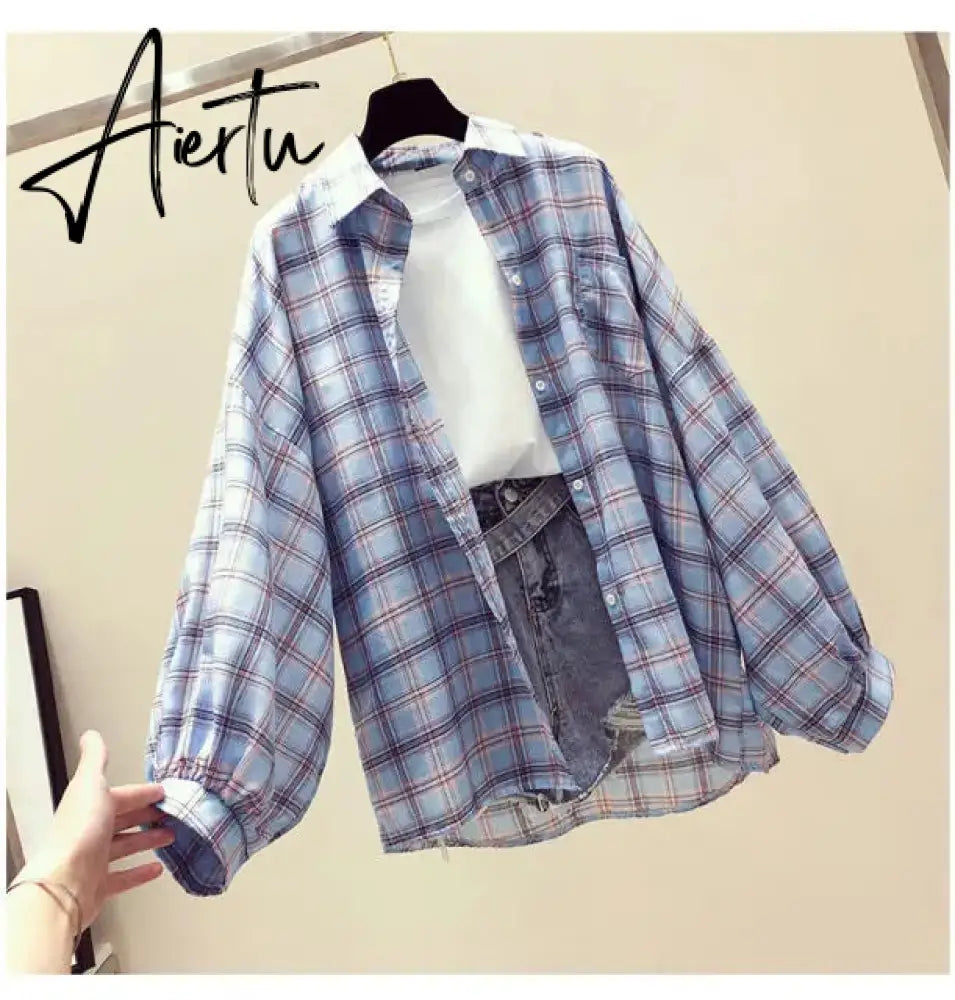 Aiertu Korean Style Plaid Classic Loose Shirts Blouse Women Daily All-match Cute Student Women Clothing Fashion Vintage Shirt Aiertu