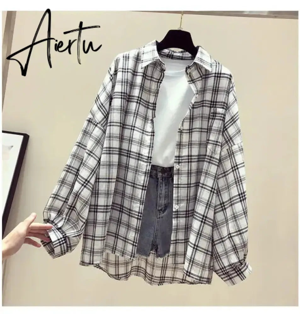 Aiertu Korean Style Plaid Classic Loose Shirts Blouse Women Daily All-match Cute Student Women Clothing Fashion Vintage Shirt Aiertu