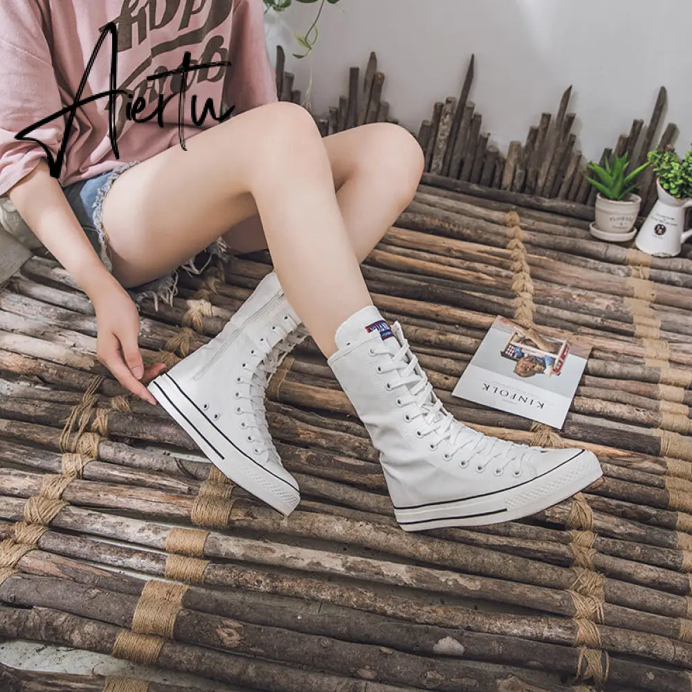 Aiertu  Latest Spring Short Tube Front Lace-up Side Zipper Canvas Shoes Flat Bottom Increased Casual Shoes  women sneakers Aiertu