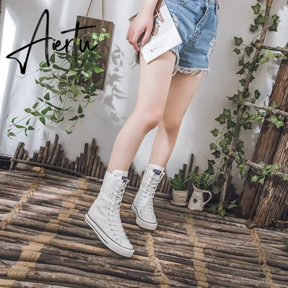Aiertu  Latest Spring Short Tube Front Lace-up Side Zipper Canvas Shoes Flat Bottom Increased Casual Shoes  women sneakers Aiertu