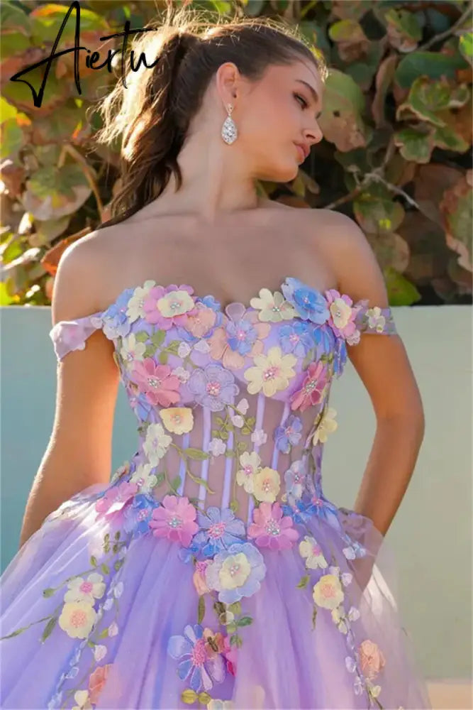 Aiertu   Lavender Purple Prom Dresses 3D Flower Embroidery Graduate Evening Dresses Glitter Tulle Wedding Dress Party Dresses 2024 Aiertu
