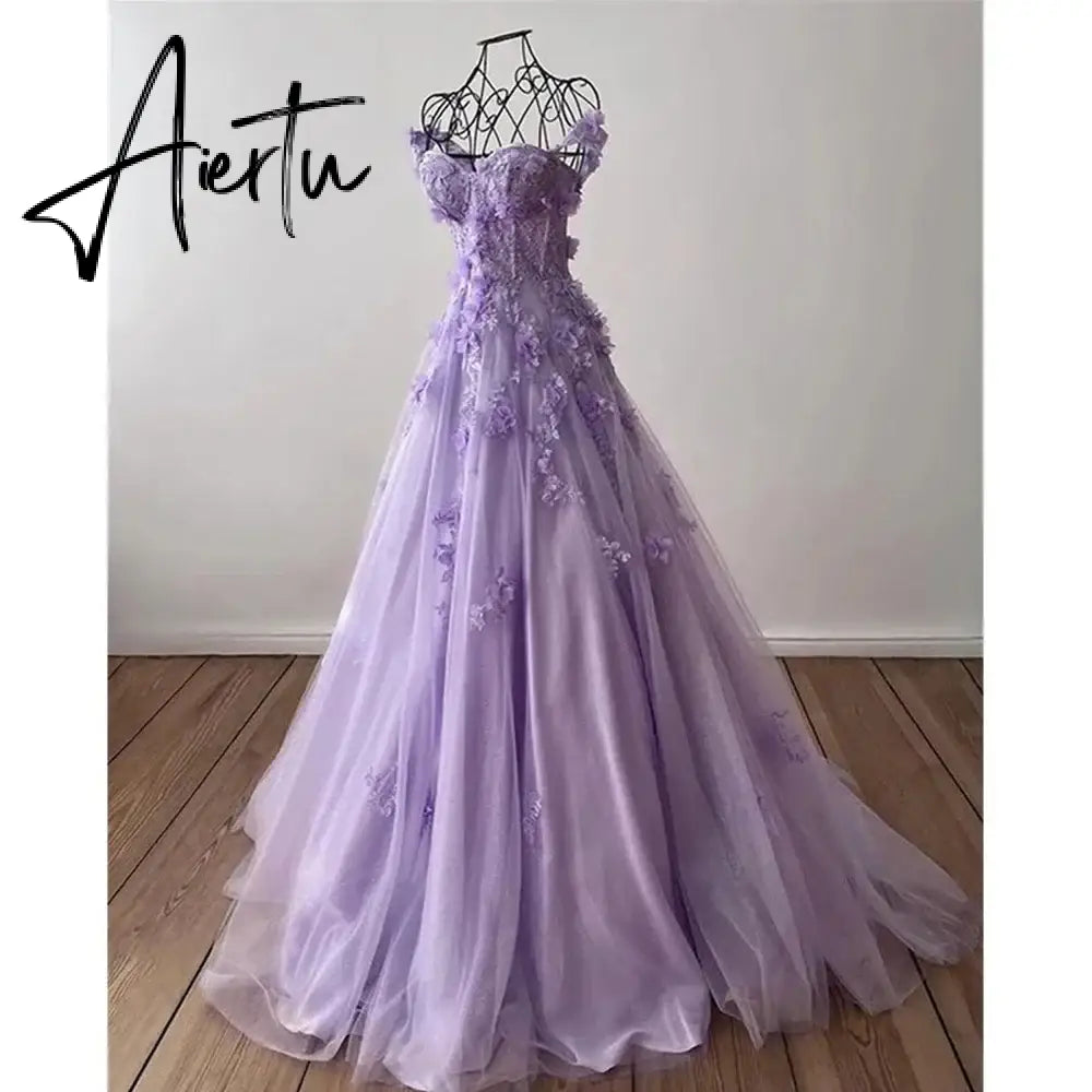 Aiertu Lilac Women's Prom Dresses 2024 Lace Applique Tulle Evening Gowns Sexy Sleeveless Formal Beach Party Robe Cocktail Dresses Aiertu