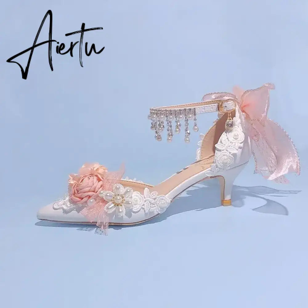 Aiertu Lolita Brode Shoes New Pearl Rhinestone Pink High Heels for Women Sweet Flower Knot Bridal Wedding Shoes Aiertu
