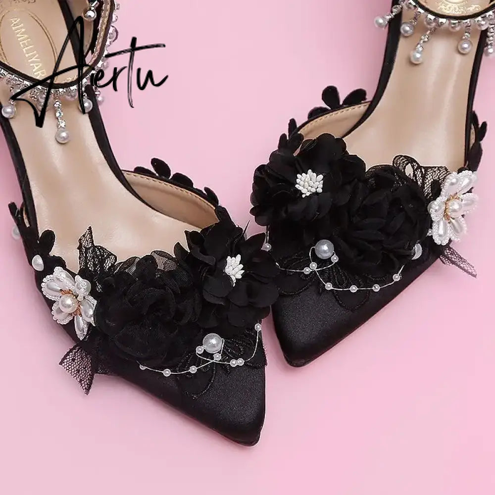 Aiertu Lolita Brode Shoes New Pearl Rhinestone Pink High Heels for Women Sweet Flower Knot Bridal Wedding Shoes Aiertu