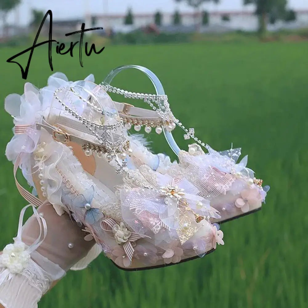 Aiertu Lolita Flower Fairy Shoes Anime pink princess shoes Bow lace pearl handmade shoes 30-48 size Kawaii cute cosplay Props Halloween Aiertu