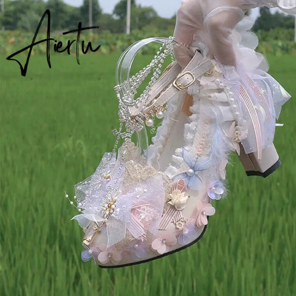 Aiertu Lolita Flower Fairy Shoes Anime pink princess shoes Bow lace pearl handmade shoes 30-48 size Kawaii cute cosplay Props Halloween Aiertu