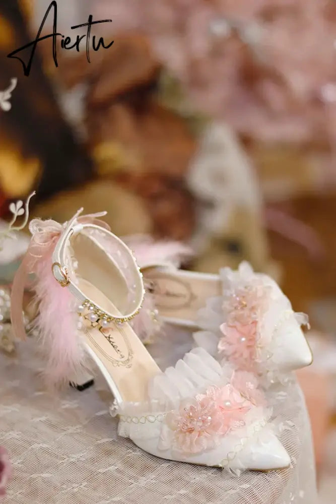 Aiertu Lolita Flower Wedding Shoes One Night Story Lolita Shoes Pink Pointed Versatile Mid Heel High Heel Slim Heel Shoes Aiertu