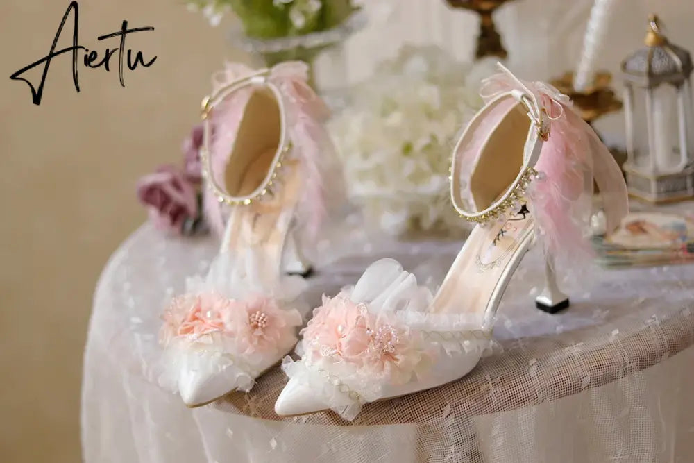 Aiertu Lolita Flower Wedding Shoes One Night Story Lolita Shoes Pink Pointed Versatile Mid Heel High Heel Slim Heel Shoes Aiertu