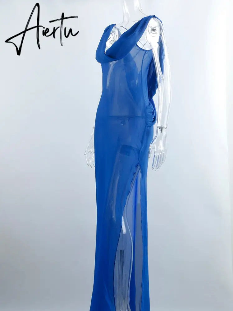 Aiertu Long Sleeve Blue Maxi Summer Beach Dress Ruffle Bandage Mesh Club Party Sexy Dresses Women Outfit See Though Y2K 90’S Aiertu