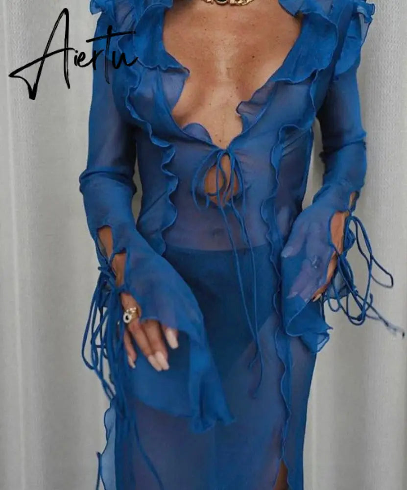 Aiertu Long Sleeve Blue Maxi Summer Beach Dress Ruffle Bandage Mesh Club Party Sexy Dresses Women Outfit See Though Y2K 90’S Aiertu
