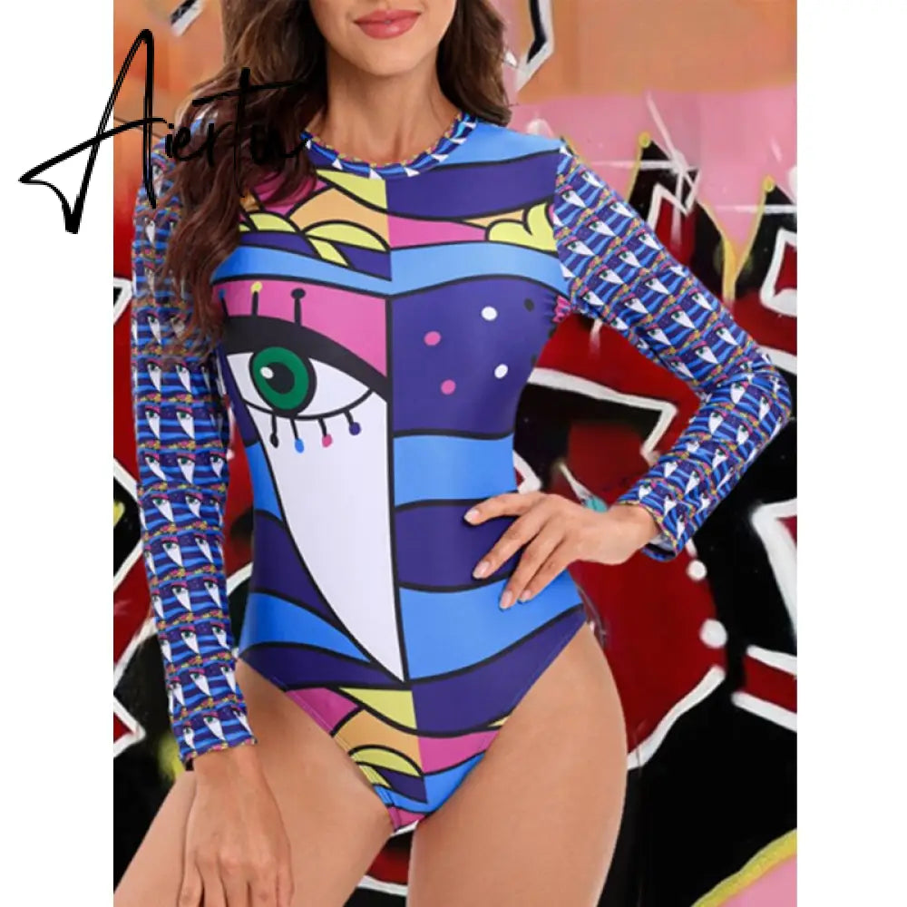 Aiertu Long Sleeve Ruashgard Swimsuit New One Piece Swimwear Monokini Surf Suit Women Print Female Summer Bathing Suit Bodysuit Aiertu