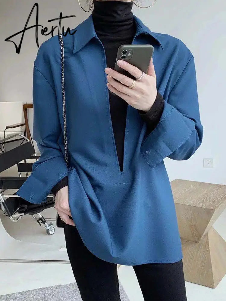 Aiertu  Loose Blue Shirt For Women V Neck Long Sleeve Solid Minimalist Vintage Blouses Female Korean Fashion Clothing Style Aiertu