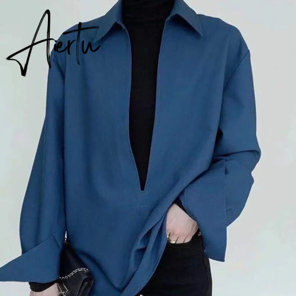 Aiertu  Loose Blue Shirt For Women V Neck Long Sleeve Solid Minimalist Vintage Blouses Female Korean Fashion Clothing Style Aiertu