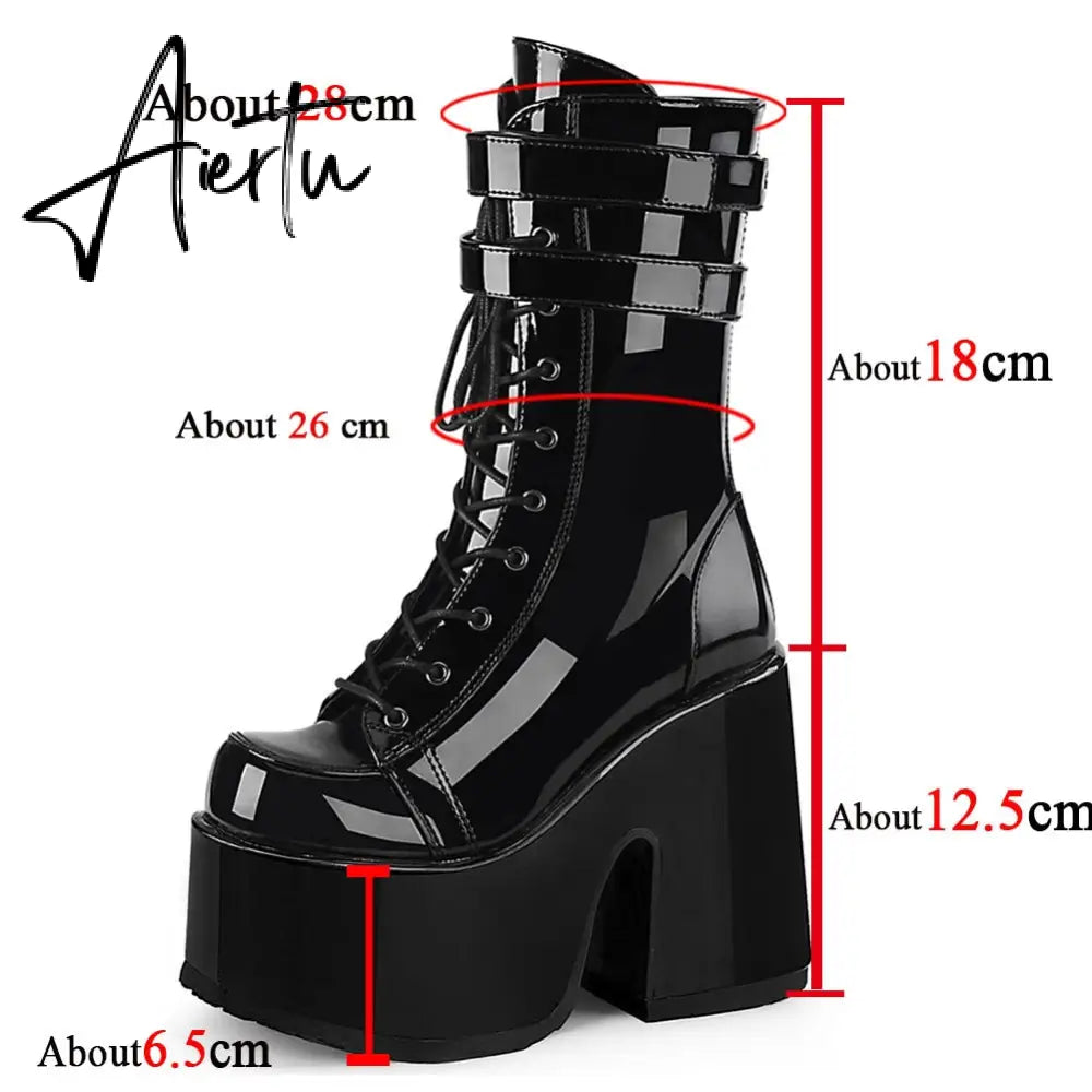 Aiertu Luxury Brand Design Female Chunky High Heels Ankle Boots Fashion Zip Lace-up High Platform Boots Women Street Punk Shoes Woman Aiertu
