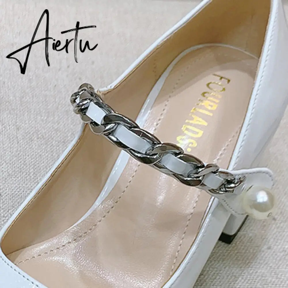Aiertu Luxury Designer Women Thick High Heels Shose Chain Square Toe Pumps Spring Square Toe Shoes Wedding Shoes Mary Jane Sandals Aiertu