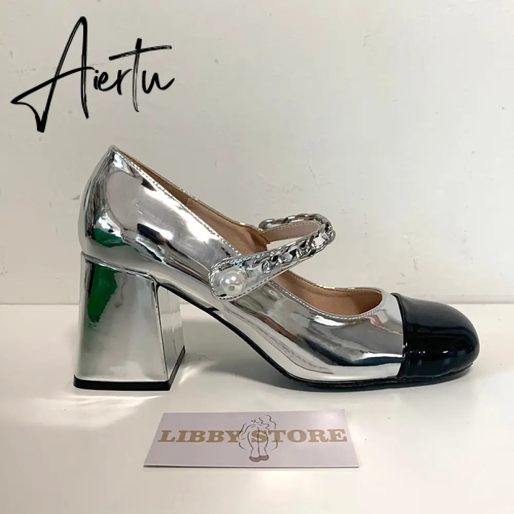 Aiertu Luxury Designer Women Thick High Heels Shose Chain Square Toe Pumps Spring Square Toe Shoes Wedding Shoes Mary Jane Sandals Aiertu