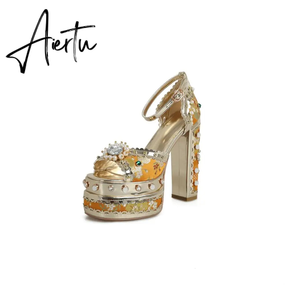 Aiertu Luxury Gold Metallic Women Sandals Studded Square Heels Female Shoes Platform Flower Crystal Sexy Peep Toe Summer Ladies Pumps Aiertu
