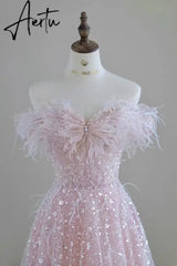 Aiertu  Luxury Pink feather Prom dresses women advanced light luxury a word shoulder fairy Evening dress high-end party gown Aiertu