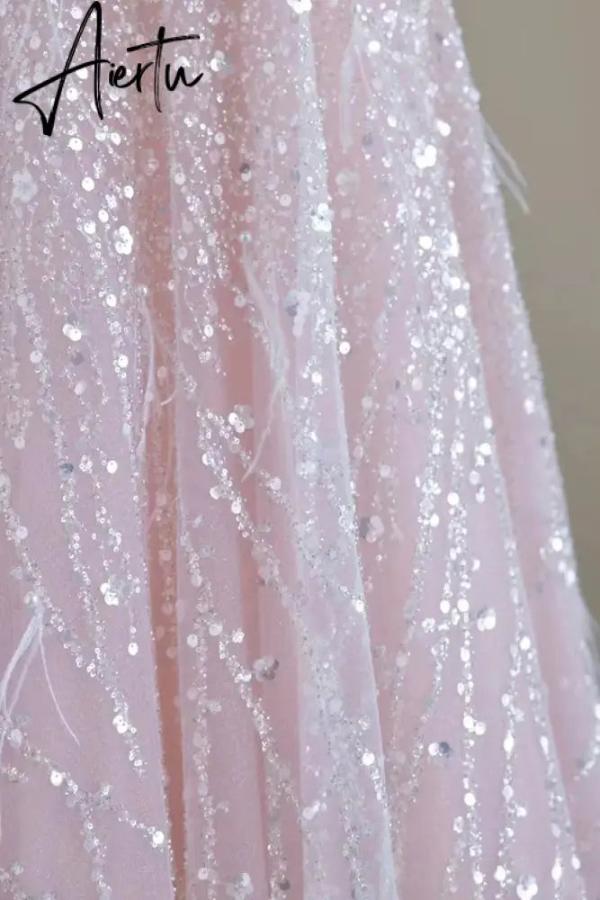 Aiertu  Luxury Pink feather Prom dresses women advanced light luxury a word shoulder fairy Evening dress high-end party gown Aiertu