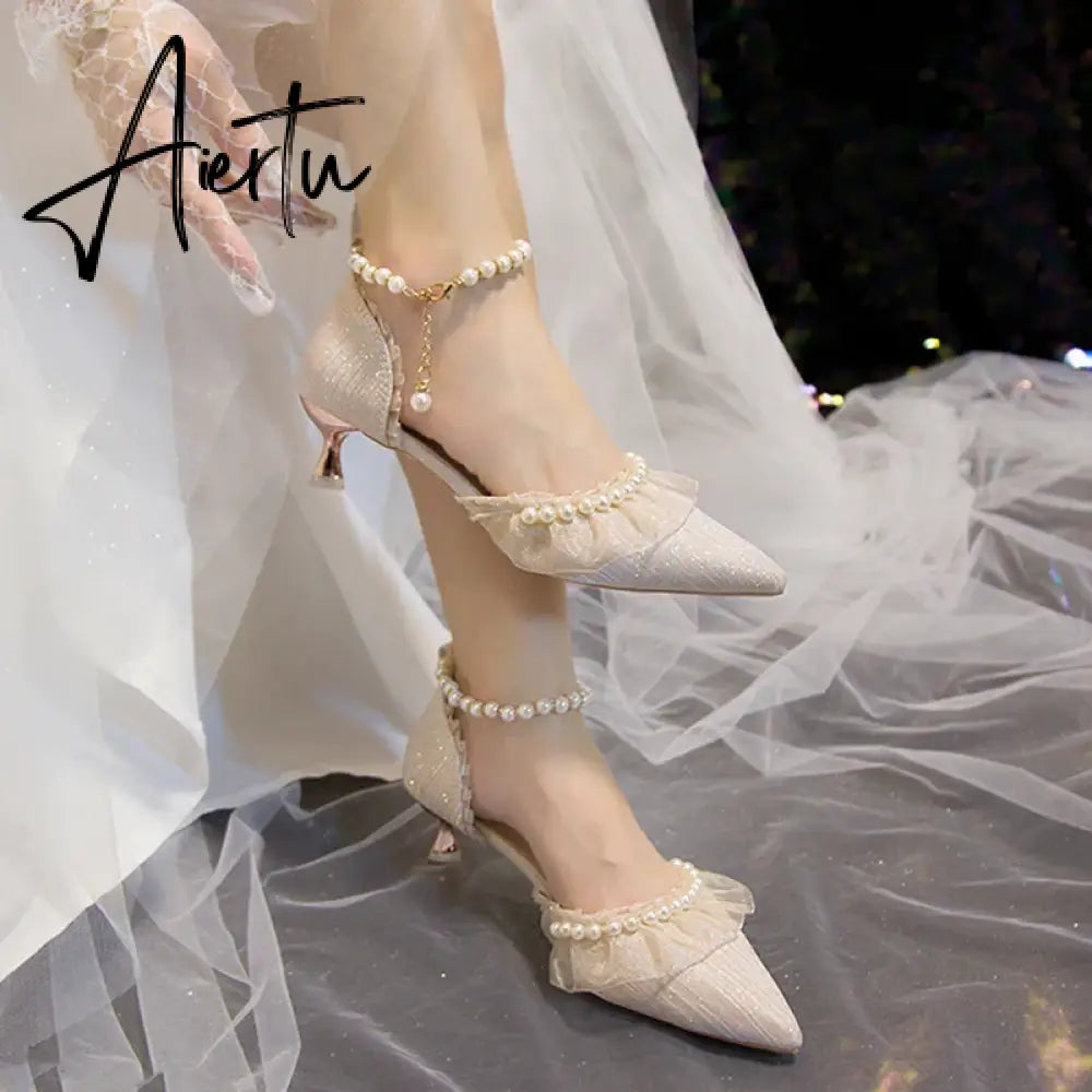 Aiertu Luxury Silk White Wedding Shoes for Women  Summer Pearl Ankle Straps High Heels Pumps Woman Pointed Toe Heeled Dress Shoes Aiertu