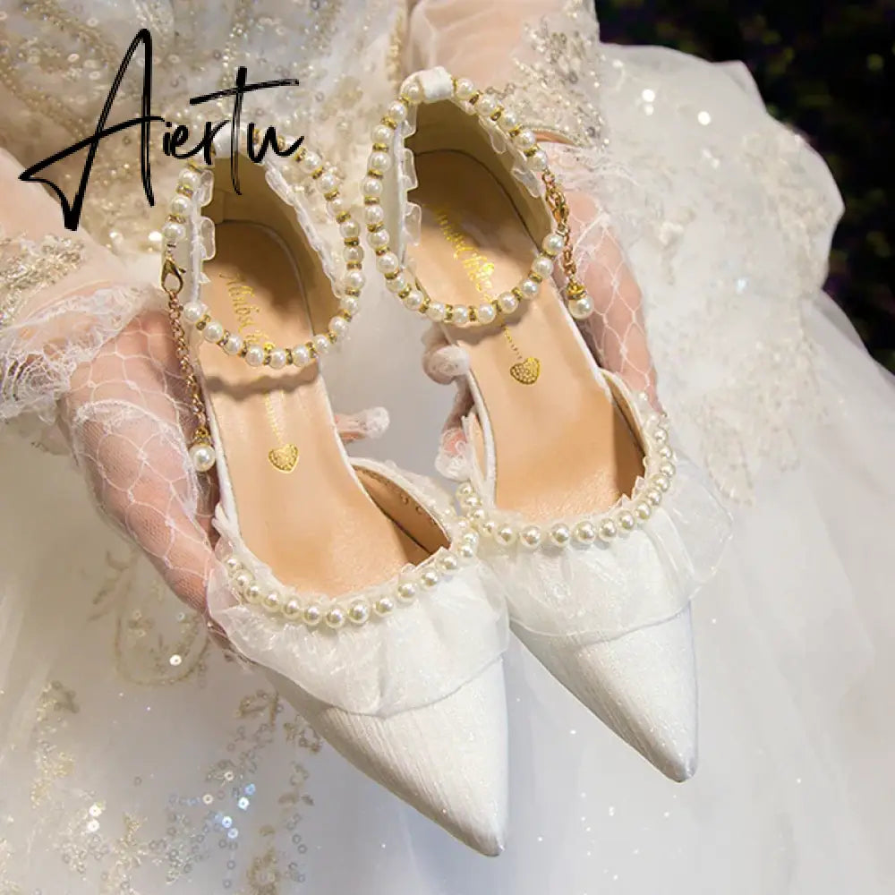 Aiertu Luxury Silk White Wedding Shoes for Women  Summer Pearl Ankle Straps High Heels Pumps Woman Pointed Toe Heeled Dress Shoes Aiertu