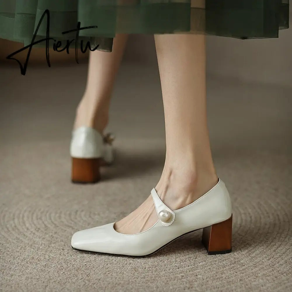 Aiertu  Mary Jane High Heels Women Sheepskin Patent Leather Pumps Pigskin Lining and Sheepskin Insole Lolita Girl Shoes Big Size 42 Aiertu