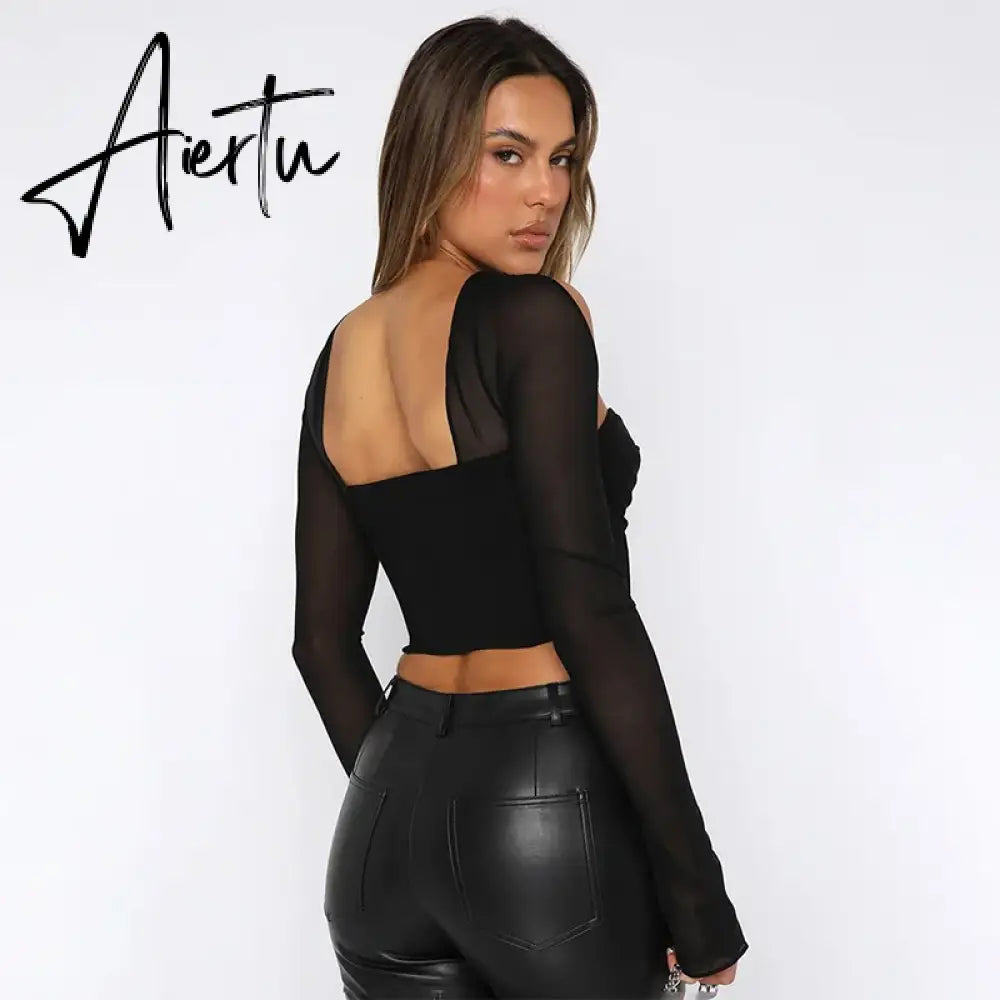 Aiertu Mesh Long Sleeve Patchwork See Through Off Shoulder Corset Out Crop Top Bodycon Sexy Streetwear Elegant Club Y2K Aiertu