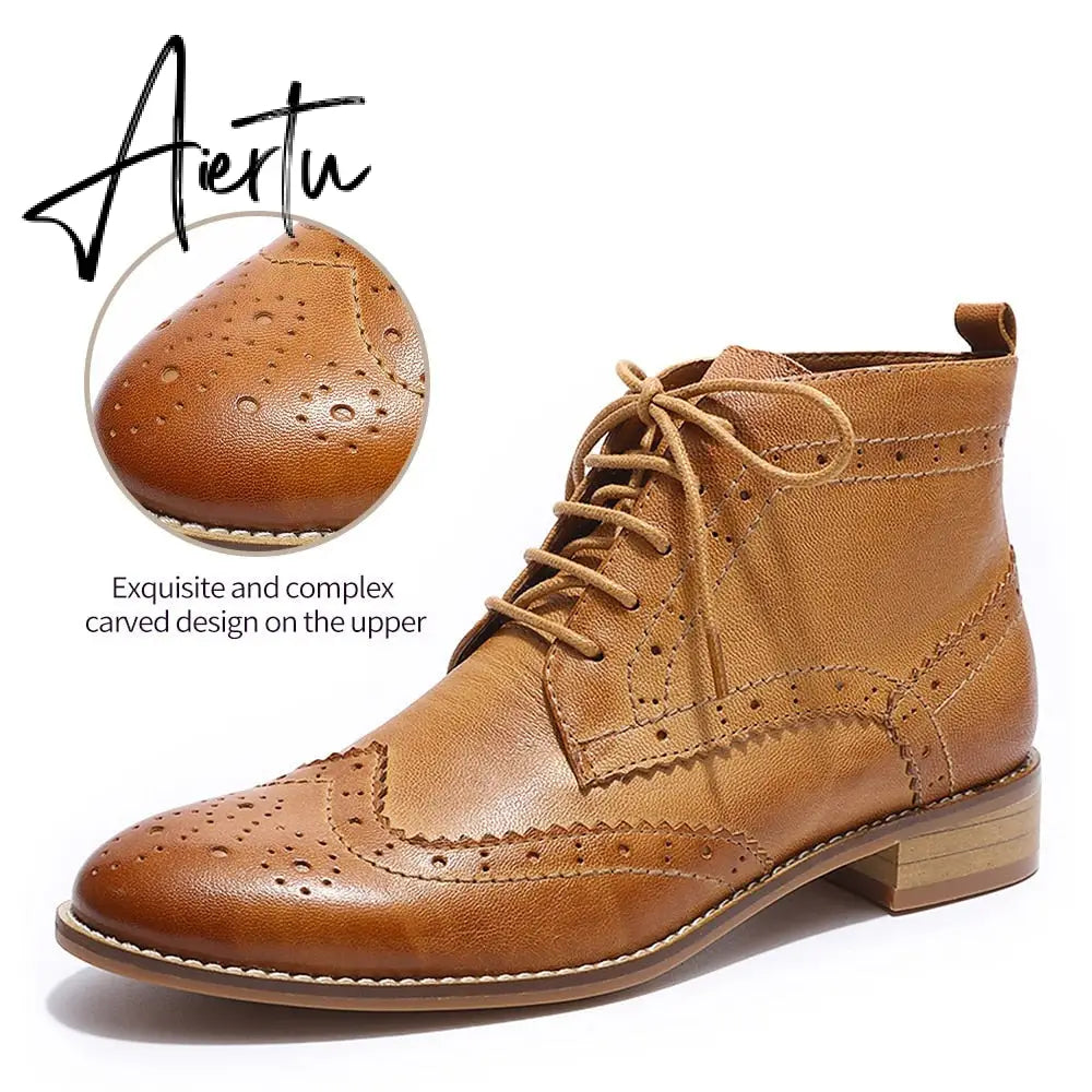 Aiertu  Mona flying Womens Genuine Leather Wingtips Boots Ankle Heels Fashion Lace up Booties with Low Heel For women Ladies Aiertu