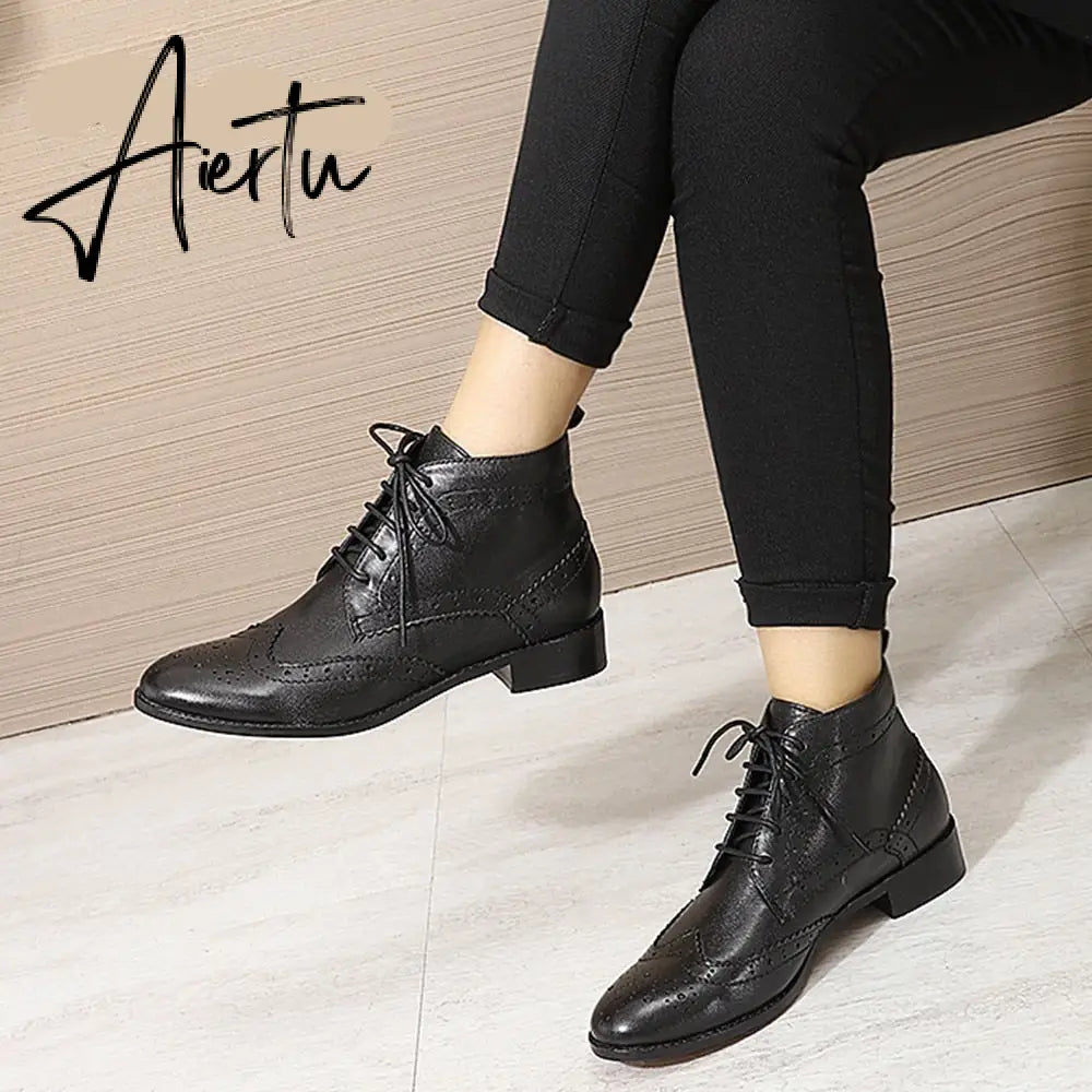 Aiertu  Mona flying Womens Genuine Leather Wingtips Boots Ankle Heels Fashion Lace up Booties with Low Heel For women Ladies Aiertu