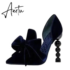 Aiertu Navy Blue Brand Designer Women Shoes Pearl High Heel Pointed Toe Velvet Bow 9 cm Stiletto Party Shoes Pumps 34-43 Aiertu