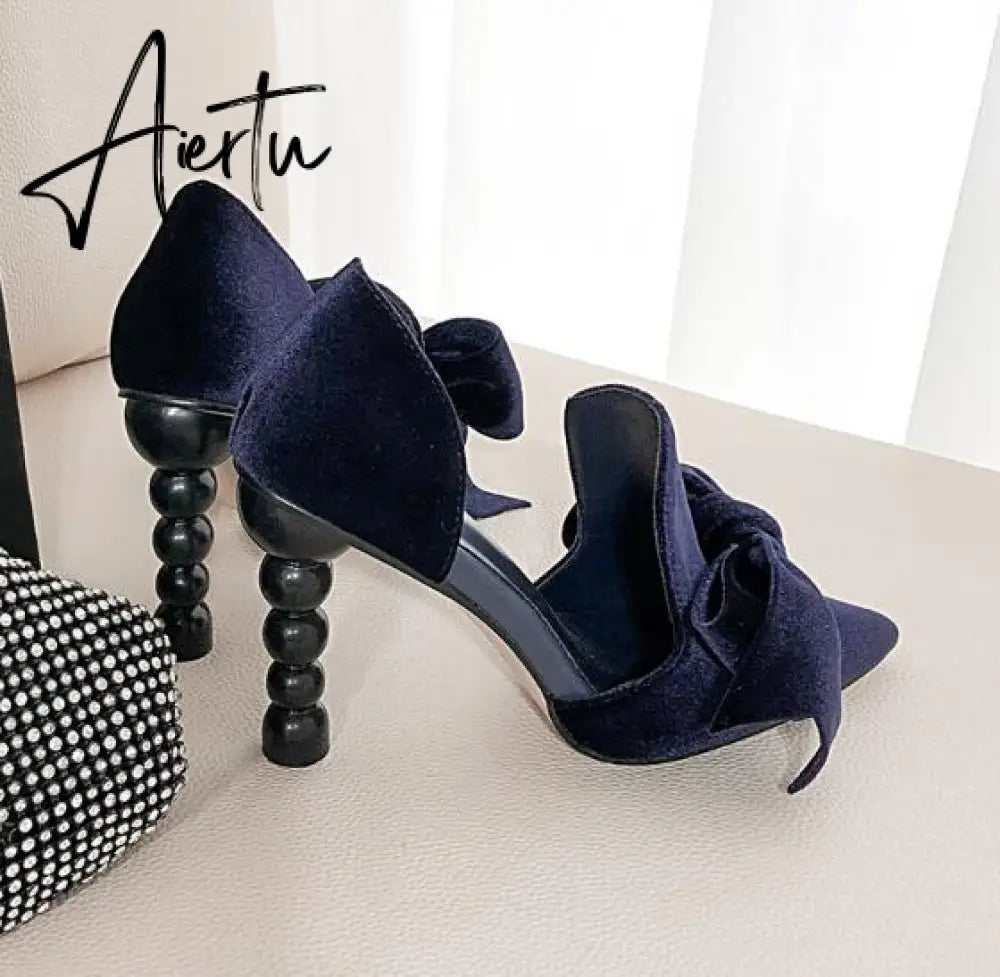 Aiertu Navy Blue Brand Designer Women Shoes Pearl High Heel Pointed Toe Velvet Bow 9 cm Stiletto Party Shoes Pumps 34-43 Aiertu