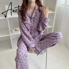 Aiertu New Autumn Winter Sleepwear 2 Pieces Sets For Women's Cotton Pajamas Turn-down Collar Homewear Large Size Pijama Pyjama Female Aiertu